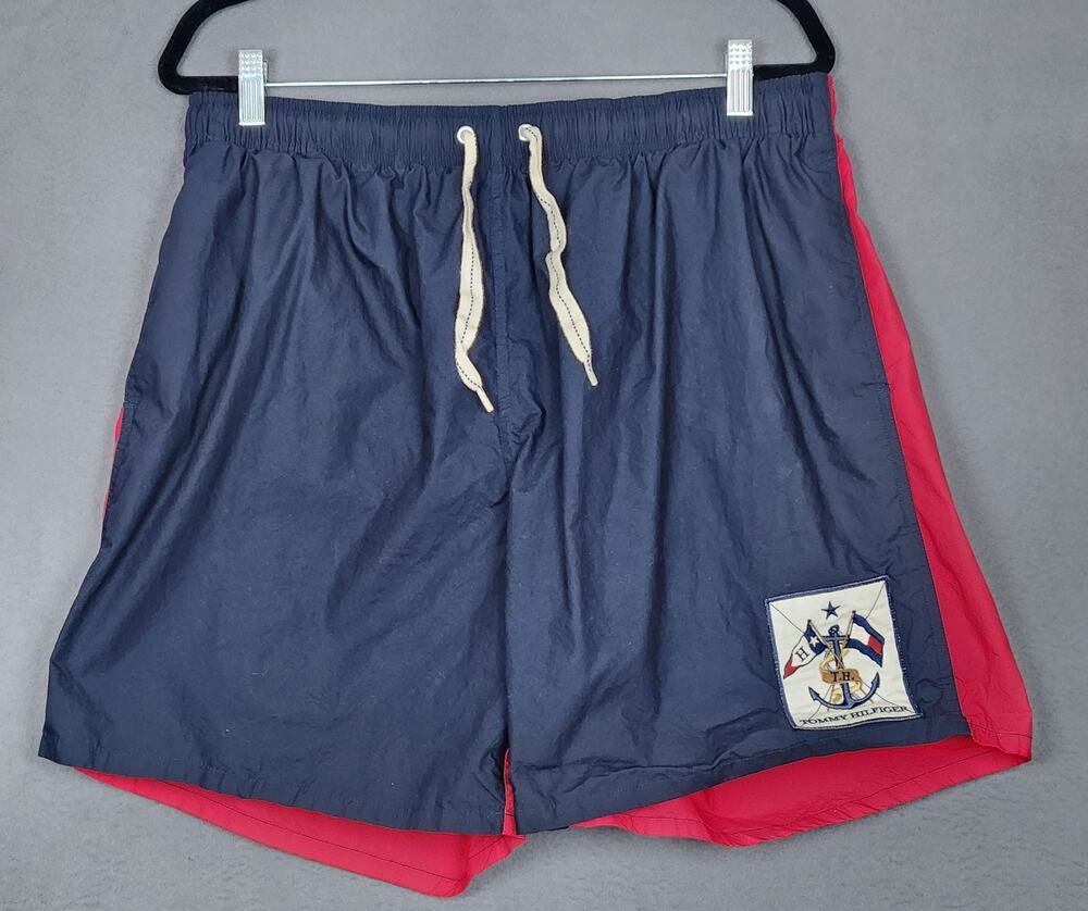 VINTAGE TOMMY HILFIGER Swim Shorts Mens XL Blue Crest Flag Measure 32X7 Beach